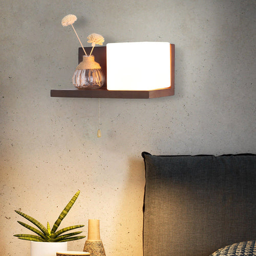 Rectangular Shelf Wood Glass 1-Light Wall Sconce Lamp