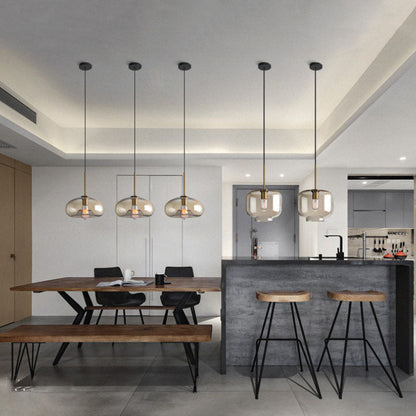 Nordic Minimalist Cognac Glass Round Geometric Jar 1-Light Pendant Light