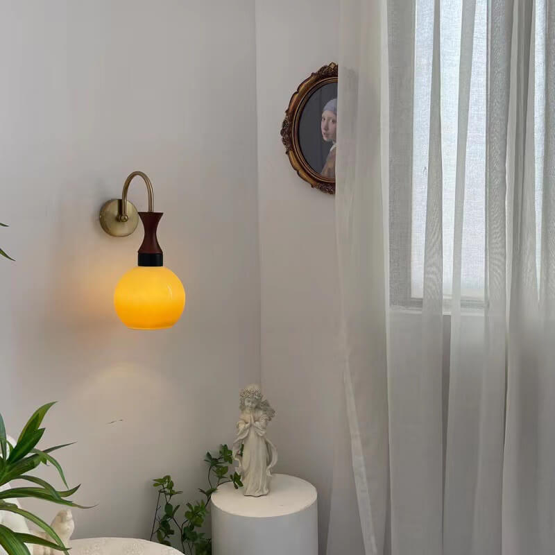 Wooden Iron Lamp Arm Glass Ball 1-Light Wall Sconce Lamp