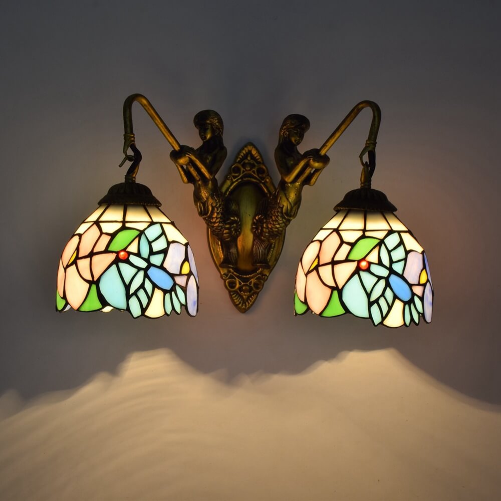 Tiffany Mermaid Stained Glass 2-Light Wall Sconce Lamp