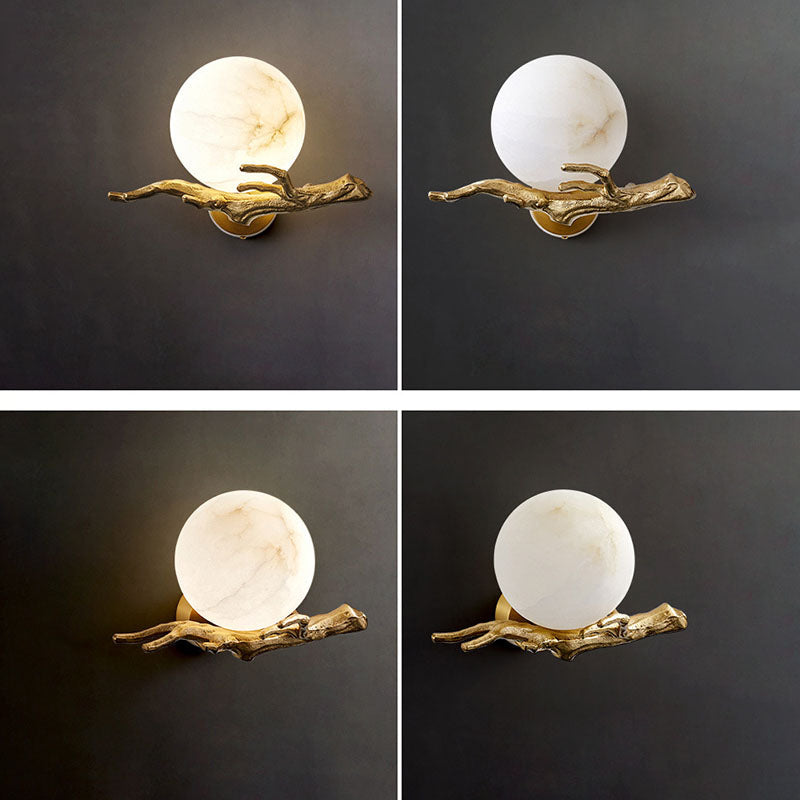 Chinese Twig Orb Brass Marble LED Wall Sconce Lamp