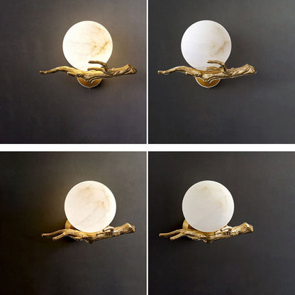 Chinese Twig Orb Brass Marble LED Wall Sconce Lamp