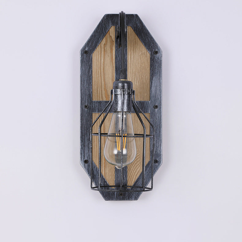Industrial Pine Wood Iron Cage 1-Light Wall Sconce Lamp