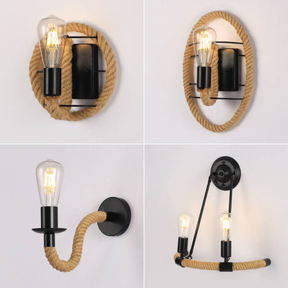 Vintage Twine Iron Round 1/2 Light Wall Sconce Lamp