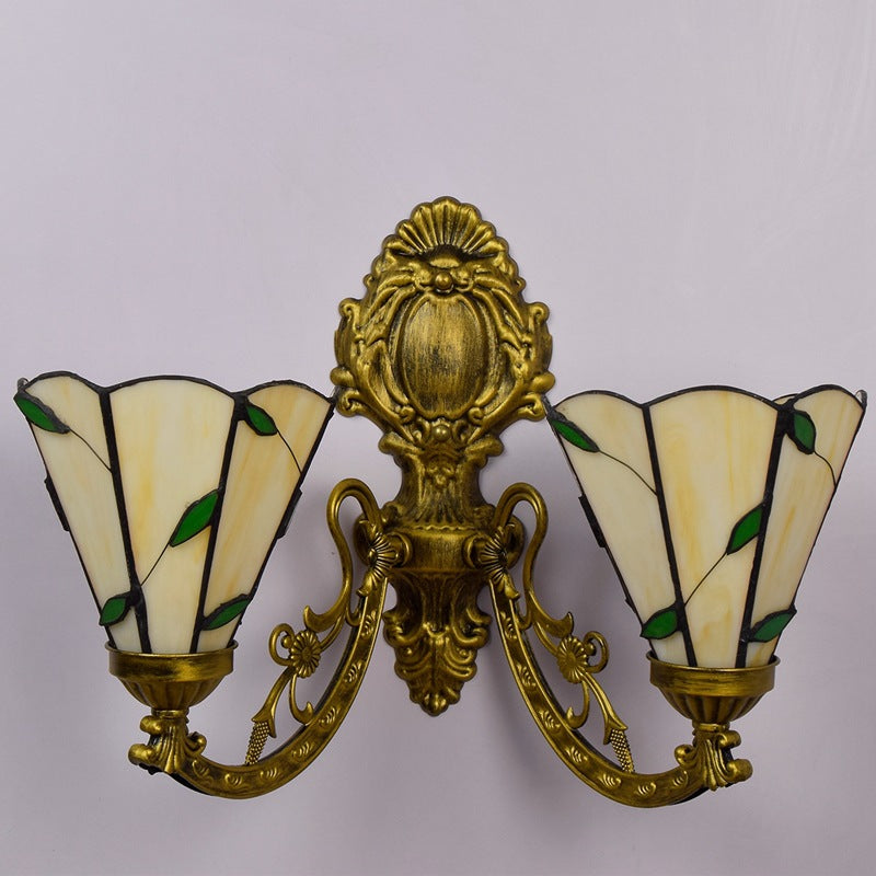 Tiffany Resin Glass Conic Foliage 2-Light Wall Sconce Lamp
