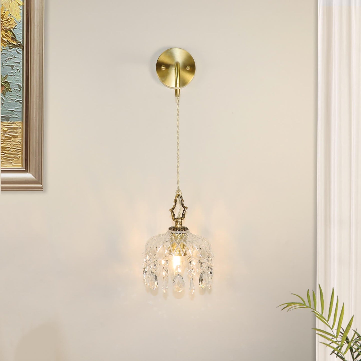 European Light Brass Crystal Glass 1-Light Wall Sconce Lamp