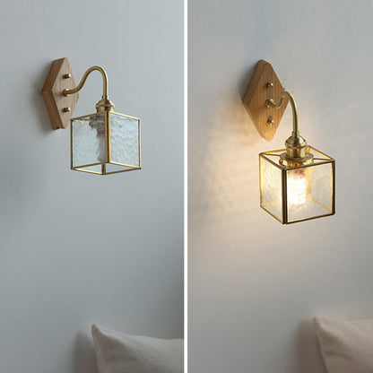 Square Copper Glass Wood 1-Light Wall Sconce Lamp
