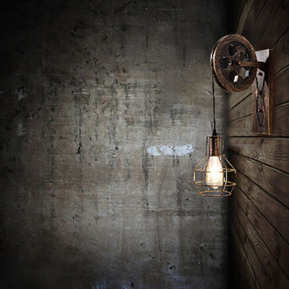 Vintage Iron Pulley Cage 1-Light Wall Sconce Lamp