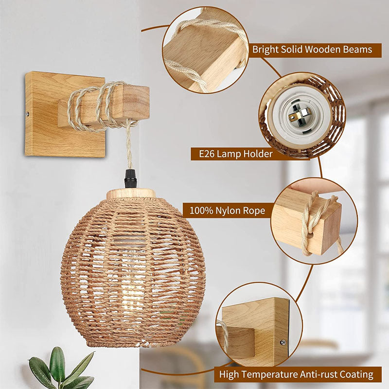 Boho Weaving Cage Wooden Beams 1-Light Wall Sconce Lamp