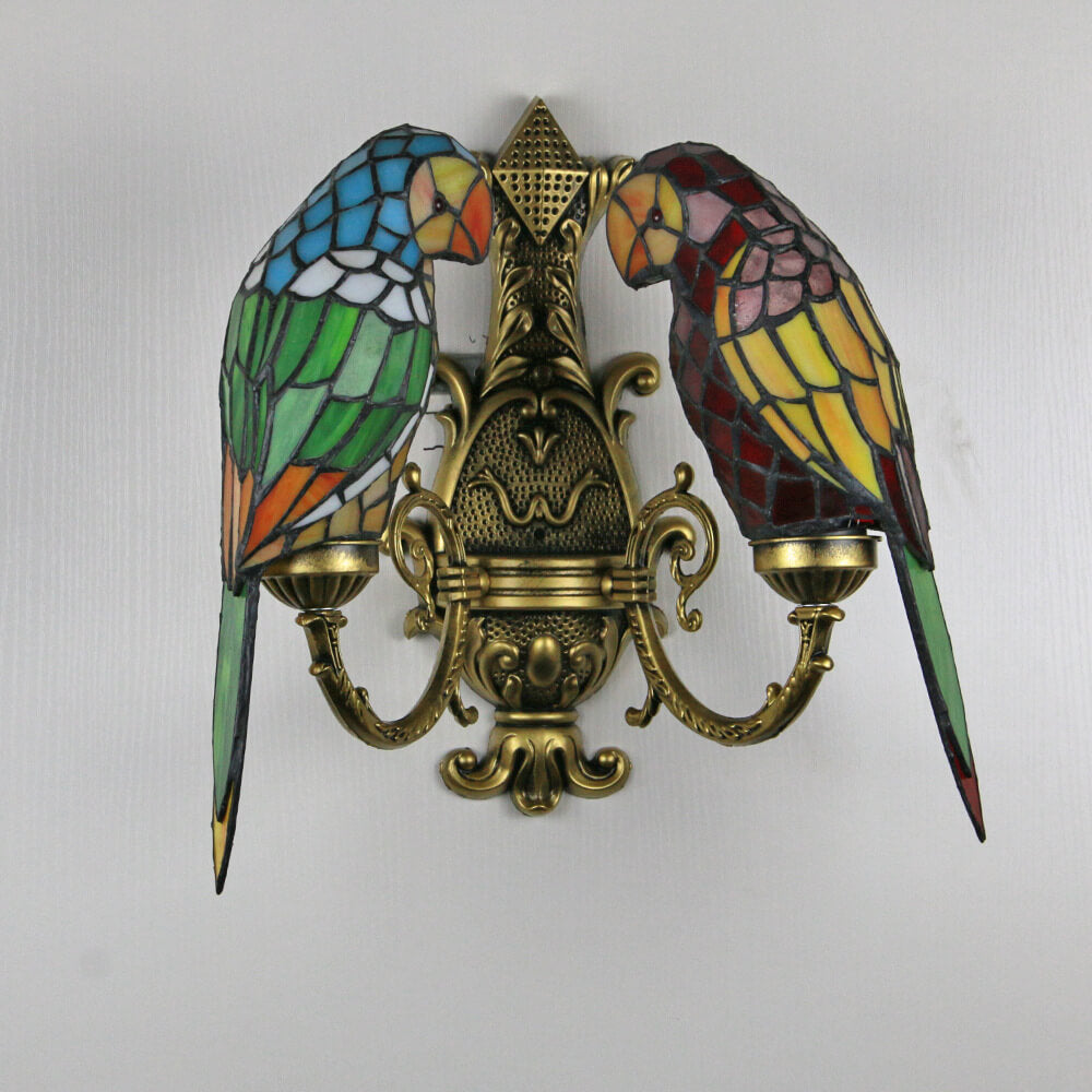 Tiffany Parrot Stained Glass 2-Light Wall Sconce Lamp