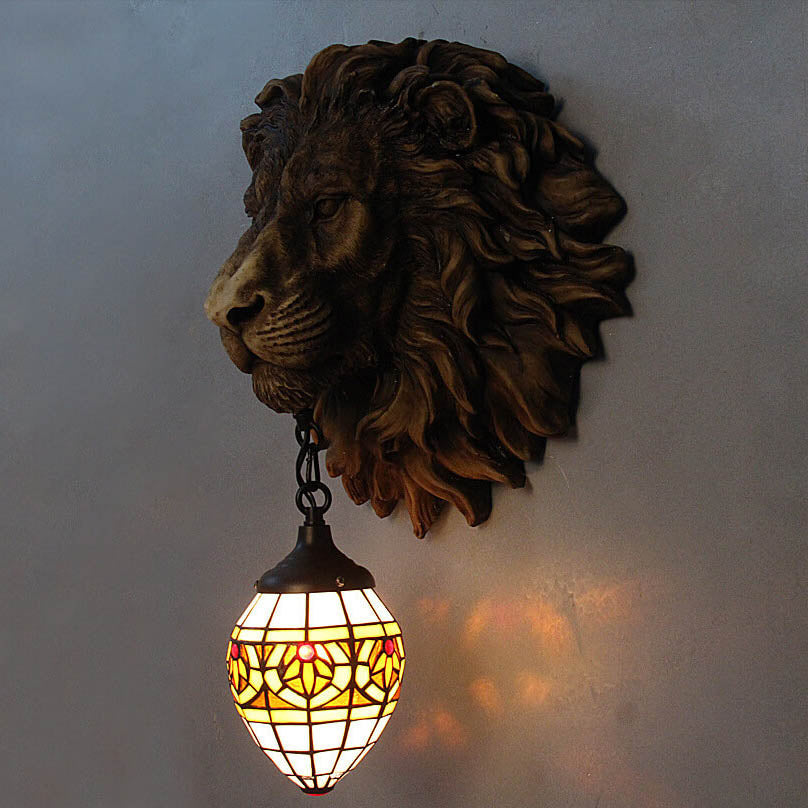 Tiffany Resin Lion's Head 1-Light Wall Sconce Lamp