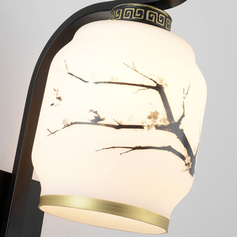 Chinese Ceramic Cylinder Lotus 1-Light Wall Sconce Lamp