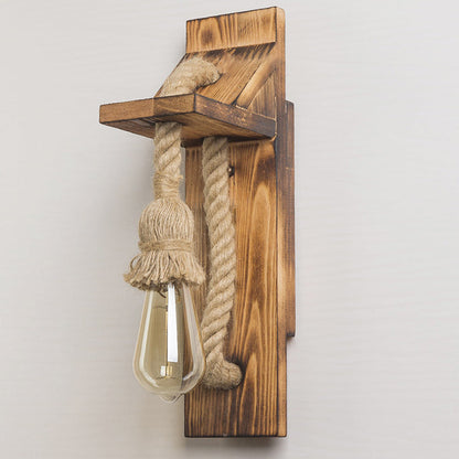 Rectangular Wood Hemp Rope 1-Light Wall Sconce Lamp