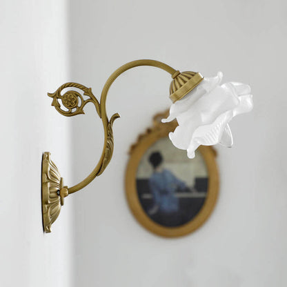 French Vintage Brass Glass Flower 1-Light Wall Sconce Lamp