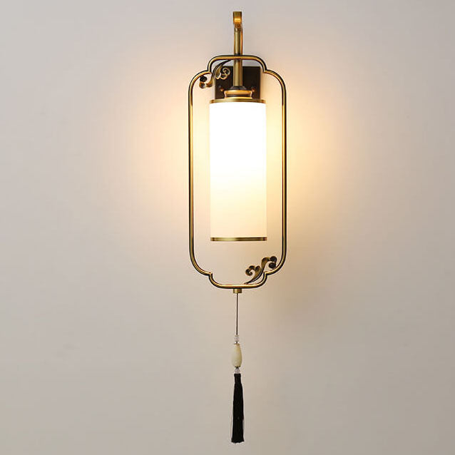 Chinese Copper Iron Glass Column 1-Light Wall Sconce Lamp