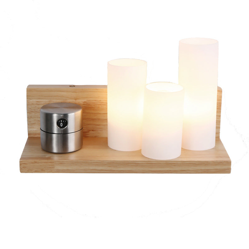 Japanese Cylindrical Wooden Glass 1-Light Wall Sconce Lamp