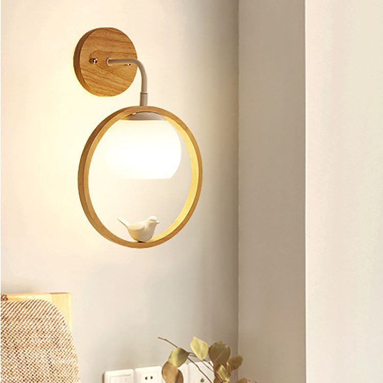 Scandinavian Bird Round Wood Glass 1-Light Wall Sconce Lamp