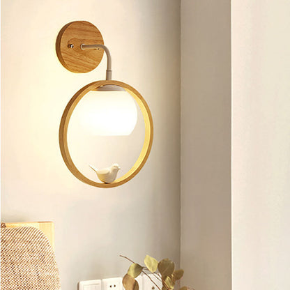 Scandinavian Bird Round Wood Glass 1-Light Wall Sconce Lamp