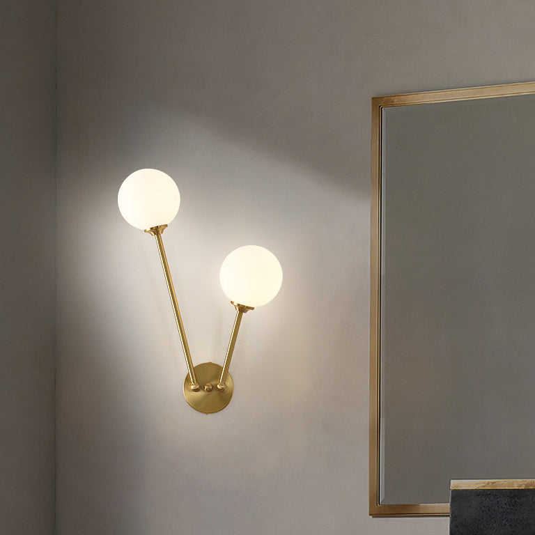 Nordic Copper Glass Ball V-Shaped 2-Light Wall Sconce Lamp