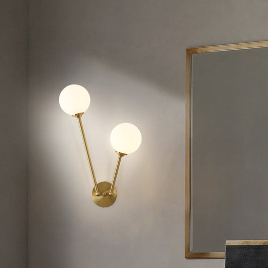 Nordic Copper Glass Ball V-Shaped 2-Light Wall Sconce Lamp