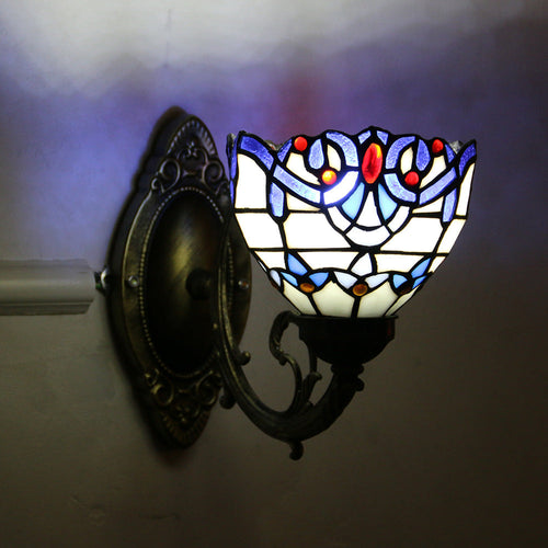 Tiffany Glass Iron Round Bowl 1-Light Wall Sconce Lamp