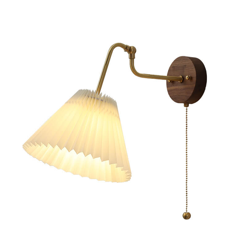 Vintage Walnut Brass Pleated Shade 1-Light Wall Sconce Lamp