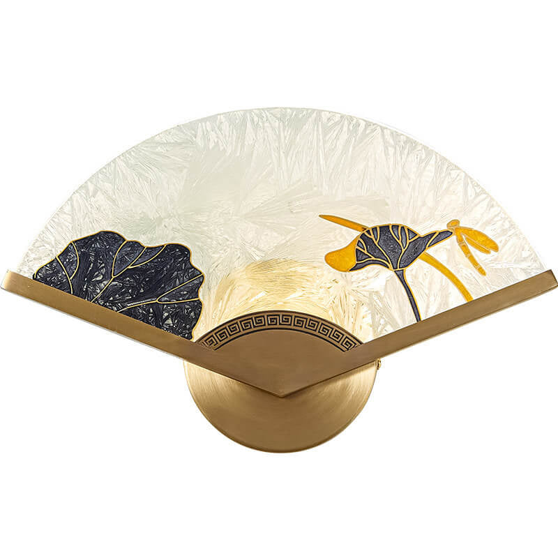 Chinese Glass Folding Fan Shaped Brass LED Wall Sconce Lamp