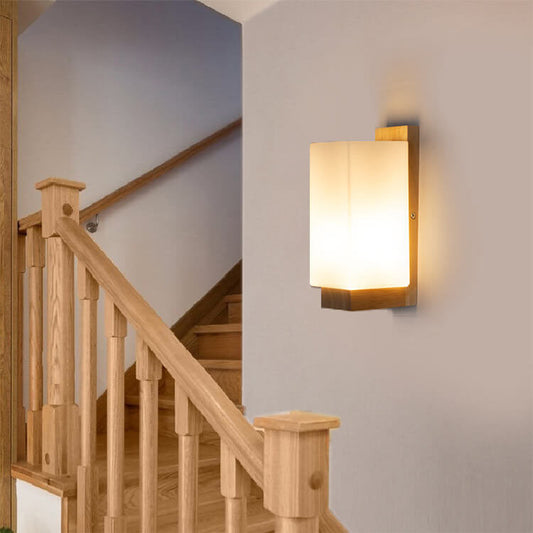 Solid Wood Square Glass Column 1-Light Wall Sconce Lamp