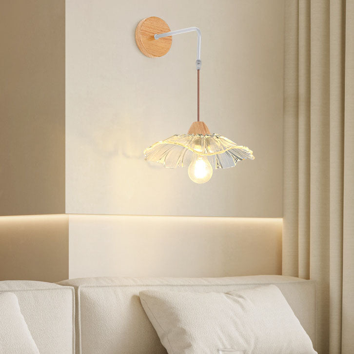 Chinese Lotus Leaf Flower Walnut 1-Light Wall Sconce Lamp