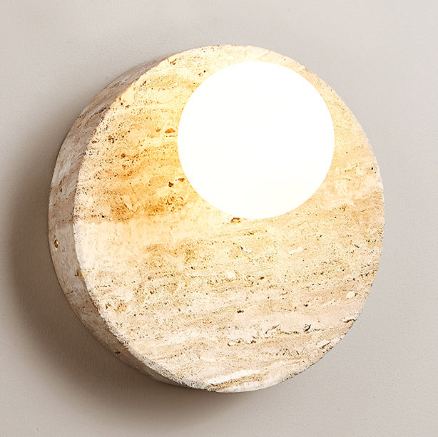 Japanese Yellow Travertine Circle 1-Light Wall Sconce Lamp