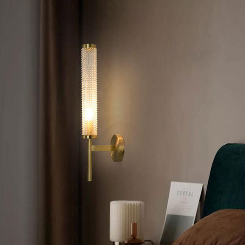 Brass Crystal Long Column Straight Arm LED Wall Sconce Lamp