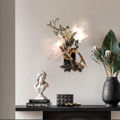 Copper Glass Maple Leaf Branch 2-Light Wall Sconce Lamp