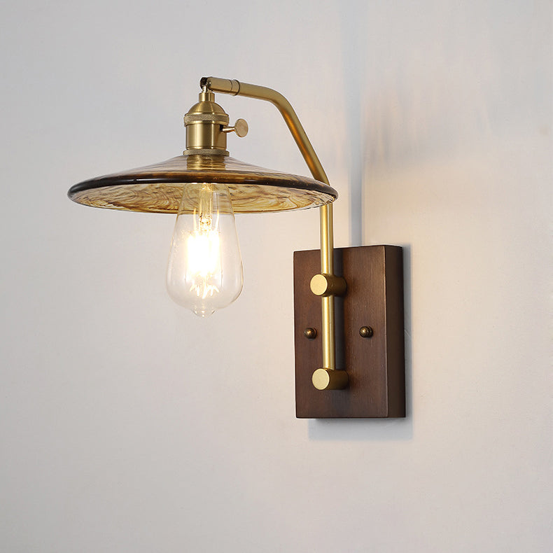 Traditional Round Wood Iron Glass 1-Light Wall Sconce Lamp