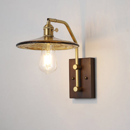 Traditional Round Wood Iron Glass 1-Light Wall Sconce Lamp