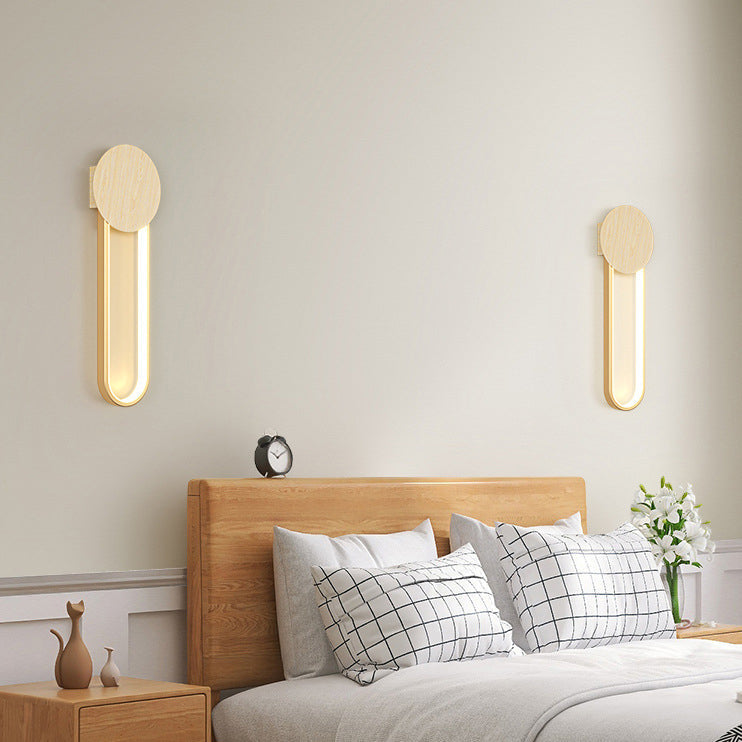 Minimalist Round Oval Wood Grain Iron LED Wall Sconce Lamp