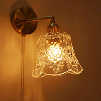 French Light Brass Glass Pull Wire 1-Light Wall Sconce Lamp