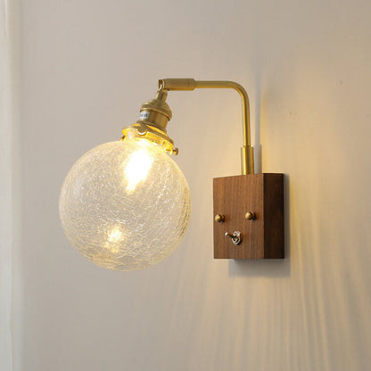Japanese Round Ball Wood Brass 1-Light Wall Sconce Lamp
