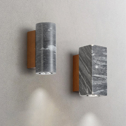 Round Stone Wood Cylinder Square 1-Light Wall Sconce Lamp