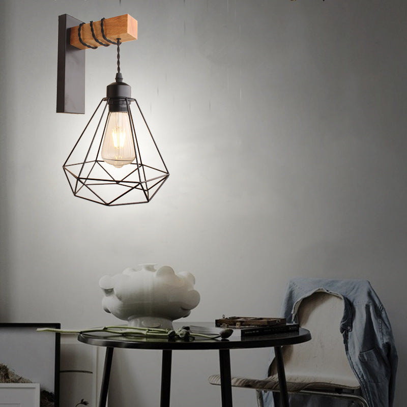 Oval Diamond Solid Wood Iron 1-Light Wall Sconce Lamp