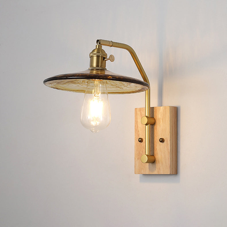 Traditional Round Wood Iron Glass 1-Light Wall Sconce Lamp
