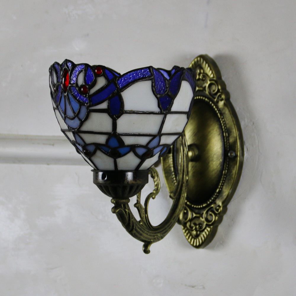 Tiffany Glass Iron Round Bowl 1-Light Wall Sconce Lamp