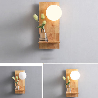 Glass Ball Wooden Square Base 1-Light Wall Sconce Lamp