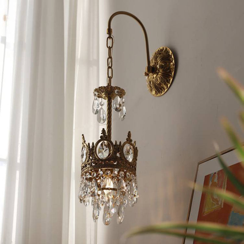 French Bent Crown Copper Crystal 1-Light Wall Sconce Lamp