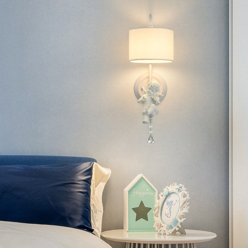 Angel Resin Round Fabric 1-Light Wall Sconce Lamp