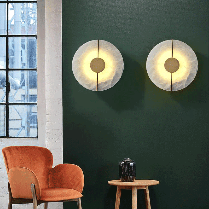 Chinese Copper Marble Round Elliptical LED Wall Sconce Lamp
