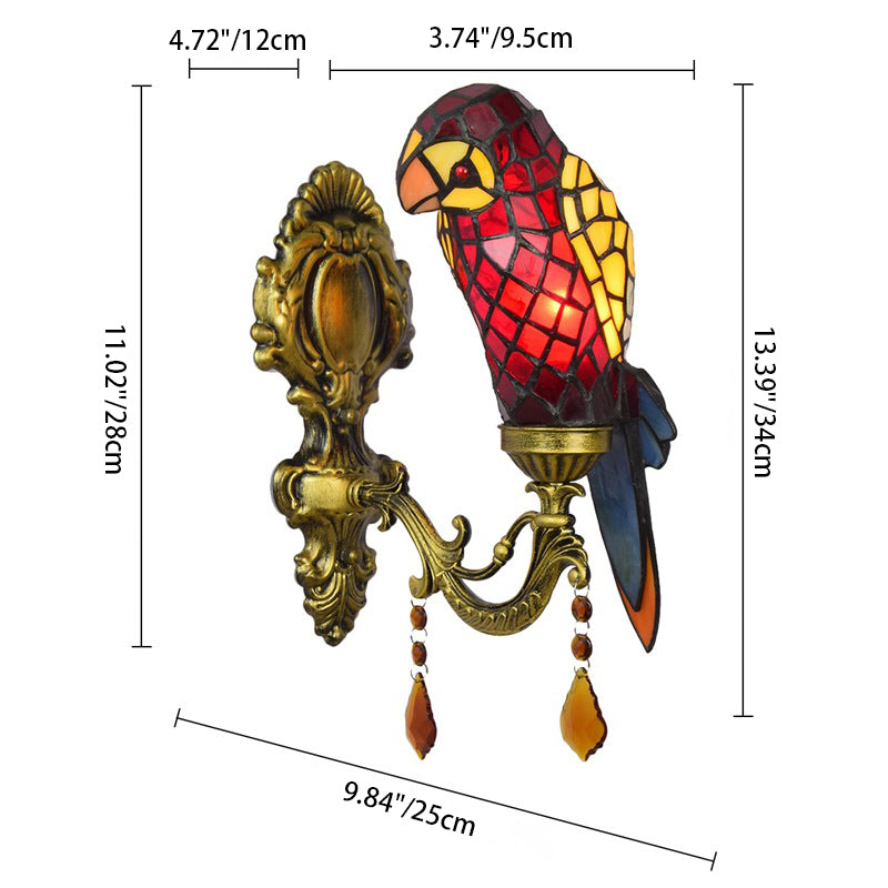 Tiffany Glass Parrot Crystal 1-Light Wall Sconce Lamp