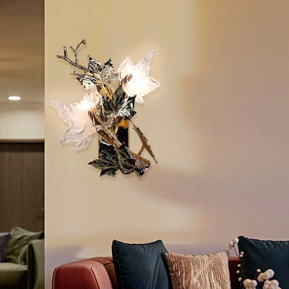 Copper Glass Maple Leaf Branch 2-Light Wall Sconce Lamp