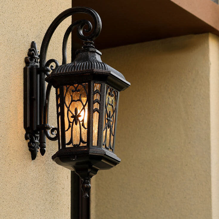 Outdoor Carved Cage Aluminum Glass 1-Light Wall Sconce Lamp