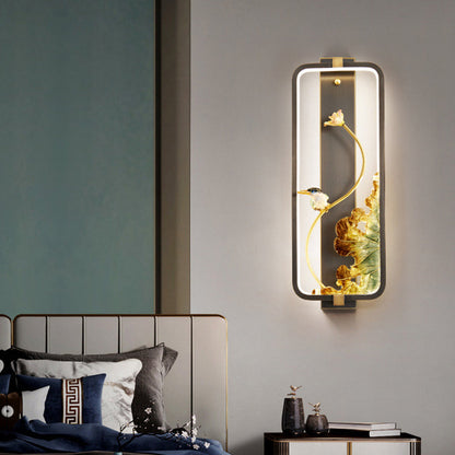 Chinese Copper Rectangular Frame LED Wall Sconce Lamp