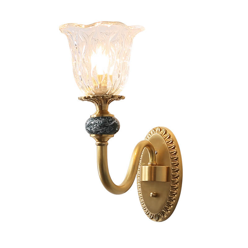 Floral Glass Brass Curved Arm 1/2 Light Wall Sconce Lamp